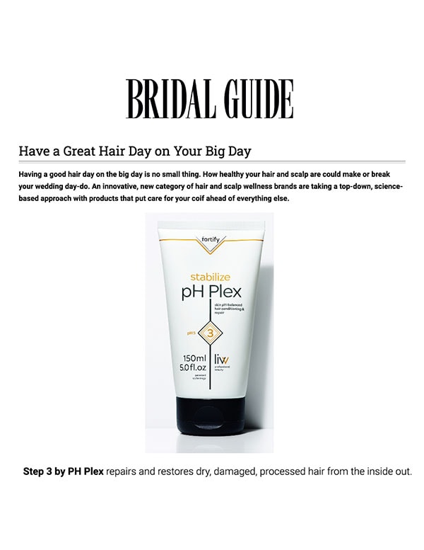 Bridal Guide Logo and pH Plex Stabilize Tube with Text: Have a Great Hair Day on Your Big Day