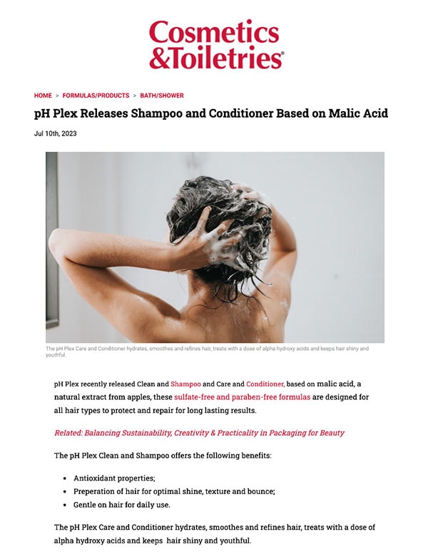 Woman Shampooing Hair with Text: Cosmetics & Toiletries. pH Plex Releases Shampoo and Conditioner Based on Malic Acid